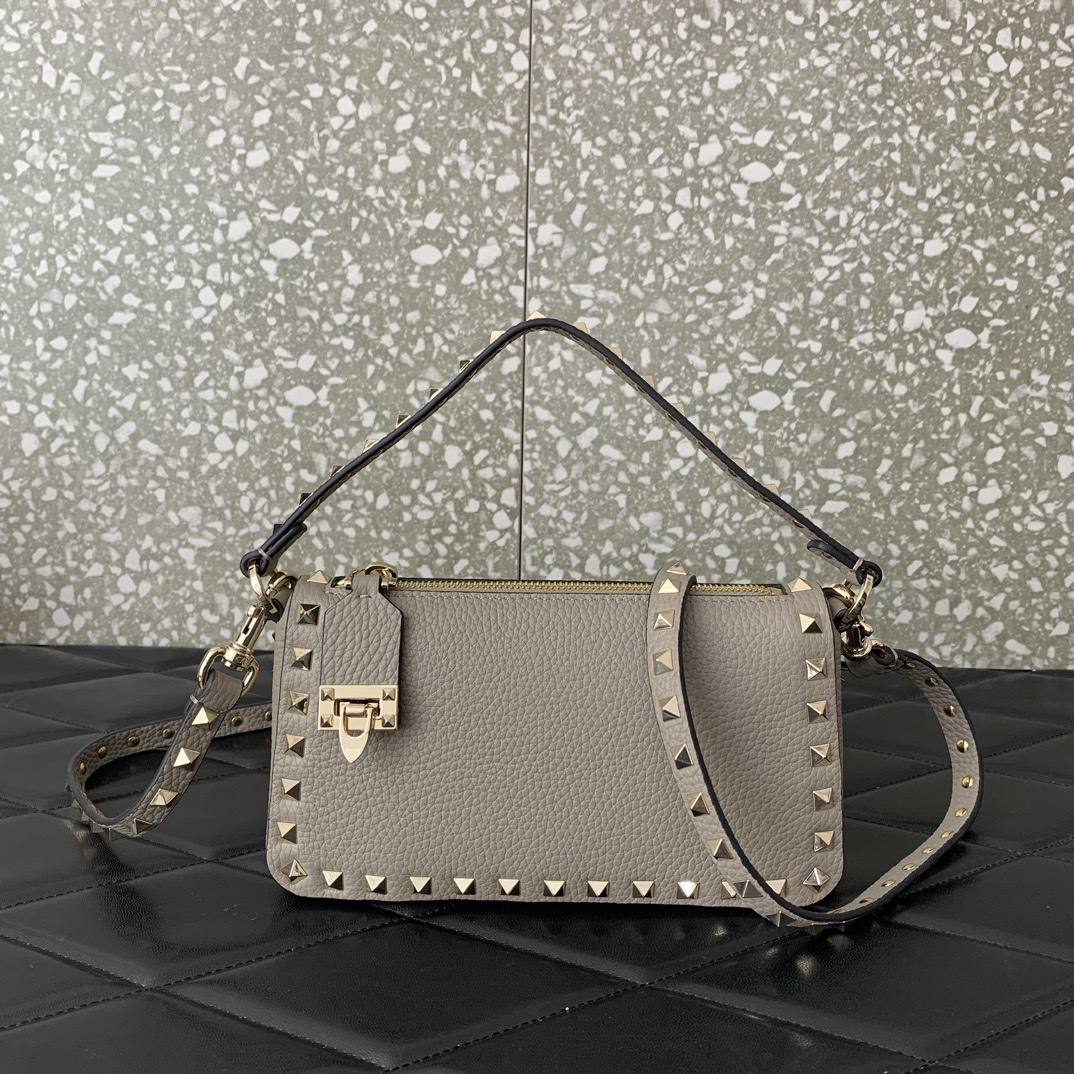 Valentino Garavani Rockstud Small Crossbody Bag in Grey Grainy Calfskin